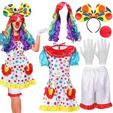 Imagem de Handepo Conjunto de 6 peças de fantasia de palhaço, feminino, vestido de circo, peruca de palhaço, faixa de cabeça, short e luvas para cosplay de Halloween (médio)