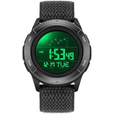 Imagem de Relógio digital masculino com pulseira de nylon, vermelho, esportivo, relógio de pulso para homens e mulheres com contagem regressiva de LED, dia, data, horário duplo, alarme, cronômetro, Preto