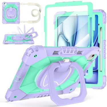 Imagem de Capa para iPad Air de 13 polegadas M3 2025/ M2 2024, Auorld para iPad Air 13 polegadas, capa M3 2025 com protetor de tela, suporte giratório de 360 graus, alça de ombro, suporte para lápis, roxo menta