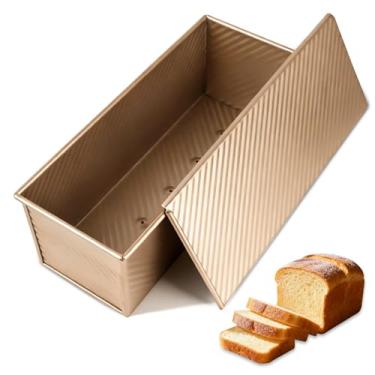 Imagem de Hikaproligt Forma de pão Pullman com tampa 33 x 12 cm, forma de pão de aço de alumínio antiaderente para assar, torradeira de sanduíche ondulada com orifícios de ventilação inferior, forma de pão