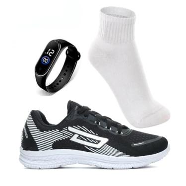 Imagem de Tenis Masculino Esportivo Corrida CrossFit Leve Confortável + Relógio Digital + Meia (PTO/BCO, BR, Adulto, Numérico, 42)