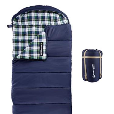 Imagem de Saco de dormir – Tamanho 32F tamanho GG 3 estações estilo envelope com capuz para acampamento ao ar livre, mochilão e caminhadas com bolsa de transporte da Wakeman Outdoors (azul marinho)