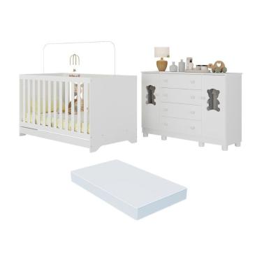 Imagem de Berço Americano 3 Em 1 Com Colchão Incluso E Cômoda 2 Portas 4 Gavetas Fofura Multimóveis MP4736 Branco