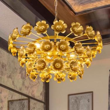 Imagem de TOCHIC Lustre moderno para casa de fazenda, lustre dourado de 61 cm com flores de metal para sala de estar, 7 luzes luminária de teto rústica para sala de jantar, quarto, ilha de cozinha, entrada