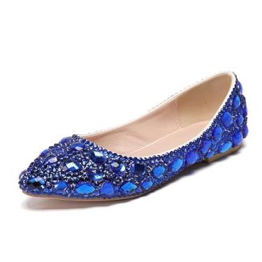 Imagem de Minishion Sapatos de casamento femininos sem cadarço confortáveis com strass, Ll030 strass azul royal, 37