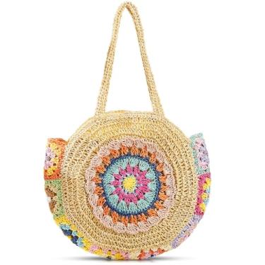 Imagem de QTKJ Sacola, bolsa de palha boêmia, bolsa de praia de grande capacidade, bolsa de tecido floral colorido, bolsa de ombro para mulheres, viagens, férias, trabalho, combinação diária (bege), Bege, One