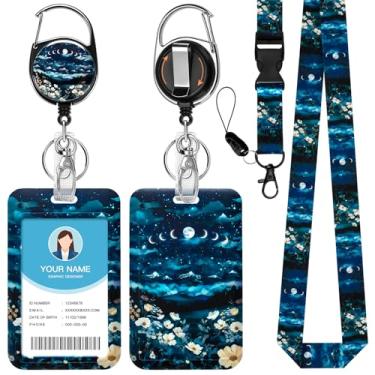Imagem de Soleebee Cordão Moonlit Sea of Flowers para crachás de identificação, lindo suporte de crachá de identificação e cordão destacável, chaveiro retrátil, carretel resistente com mosquetão giratório de