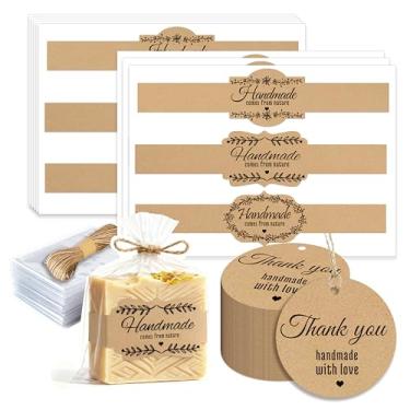 Imagem de Etiquetas de sabão Kraft redondas marrons etiquetas de presente de agradecimento sabonetes transparentes sacos de petiscos com conjunto de cordas para embalagem caseira presentes embalagem artesanato
