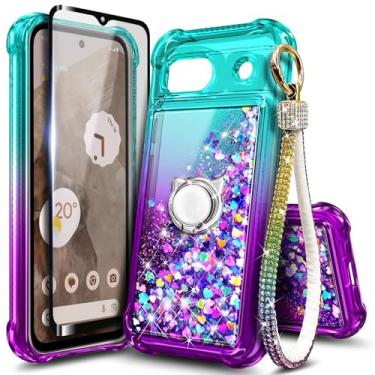 Imagem de WDHD Compatível com Google Pixel 7, Aqua/Roxo | Capa fofa com glitter brilhante para mulheres e meninas com protetor de tela de vidro temperado/suporte de anel/cordão de pulso de diamante