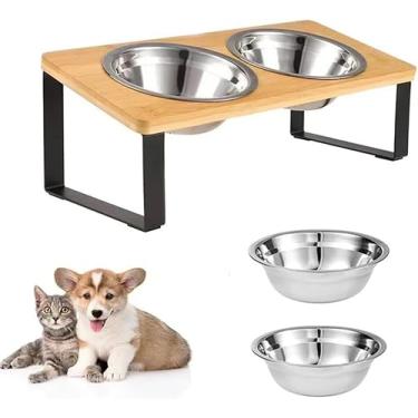 Imagem de 2 em 1, Alimentador para Cães e Gatos, Madeira e Aço Inoxidável, Comedouro Elevado para Cães