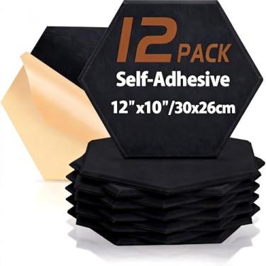 Imagem de HERTBER Pacote com 12 painéis acústicos hexagonais, painéis de parede à prova de som, 30.5 cm x 25.4 cm x 0,88 cm, painéis absorventes de som de poliéster de alta densidade com autoadesivo para casa