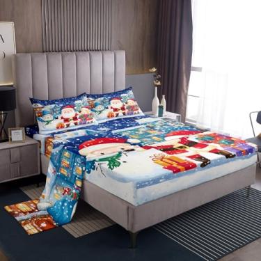 Imagem de Homewish Jogo de lençol Queen com boneco de neve, Papai Noel, decoração de quarto de adultos, dia de neve, microfibra Queen com lençol de cima, lençol com elástico, 2 fronhas