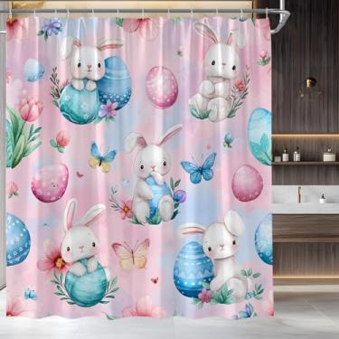 Imagem de STKKST Cortina de chuveiro primavera Páscoa lindo coelho ovos coelho flor borboleta aquarela rosa tecido conjunto de decoração de banheiro, 178 x 177 cm