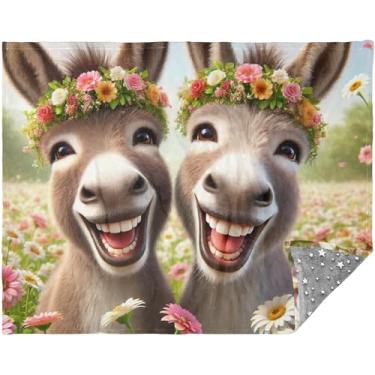 Imagem de TSENQUE Cobertores e mantas de burros fofos de animais engraçados para sofá 177,8 cm x 139,7 cm Cobertores felpudos de pelúcia para mulheres, cobertor de lã personalizado floral