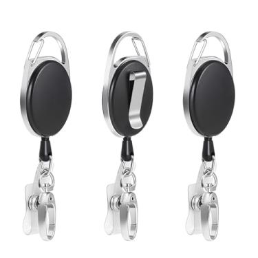 Imagem de Pacote com 3 molinete retrátil para crachá de identificação com clipe, cordão ajustável para chaveiros e cartões acessórios