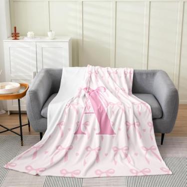 Imagem de jejeloiu Lindo cobertor de lã infantil com laço rosa solteiro 152 cm x 203 cm, cobertor de flanela com letra A para meninos e meninas, felpudo fofo, nó de laço de coquete, macio para cama, sofá