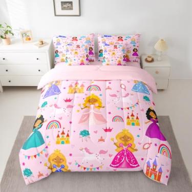 Imagem de jejeloiu Jogo de cama Queen fofo de princesa, 7 peças, para decoração de quarto de meninos e meninas, rosa, arco-íris, conjunto de edredom com lençóis, fronhas e capa de almofada, macio