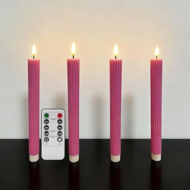 Imagem de Girimax Velas cônicas caneladas rosa choque sem chama com controle remoto, castiçais de cera LED cintilantes operados por bateria conjunto de 4