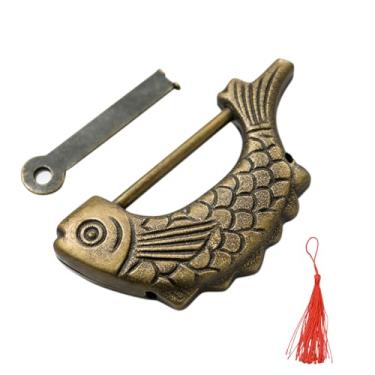 Imagem de YXQ Cadeado vintage em forma de peixe de metal com chave e borlas cadeado chinês antigo bronze para caixa de joias, gaveta de mala de madeira, decoração de casa, 59 × 31 mm