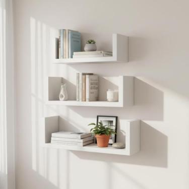 Imagem de Kit 3 Prateleiras Nicho U Livros Decorativo Mdf 40 50 60x15 Branco - R