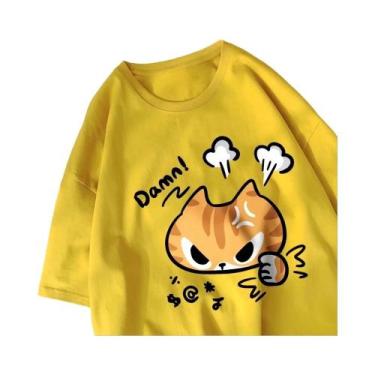 Imagem de Camiseta Feminina De Verão Com Estampa De Gato Enojado, Gola Redonda, 