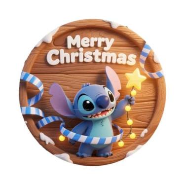 Imagem de Feliz Natal Placa Redonda Personalizada De Madeira Com Tema Disney Sti