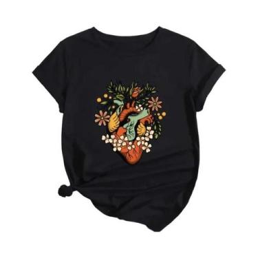 Imagem de Camisetas Femininas Retrô Estilo Gatinho Com Estampa Floral De Manga C