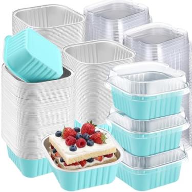 Imagem de Gandeer Pacote com 200 mini formas de bolo de 142 g com tampas, mini latas de alumínio para assar, copos quadrados descartáveis para cupcake recipientes de sobremesa para Natal, casamento, aniversário