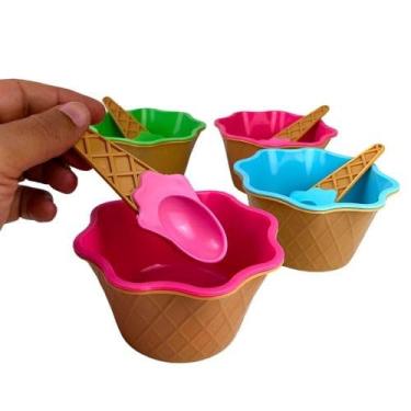 Imagem de Conjunto de Potes para Sorvete com Colheres | Tigelas Temáticas Casquinha | Kit 4 Peças 250ml