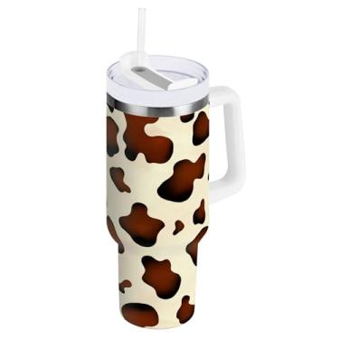 Imagem de SEHANY Copo de vaca marrom e branco de 1,134 g com alça, copos isolados de aço inoxidável a vácuo de parede dupla à prova de vazamento, copo de viagem isolado cabe no suporte de copo de carro