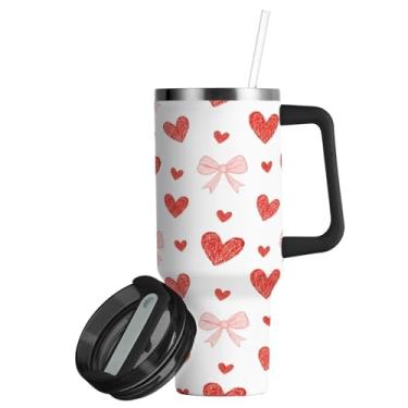 Imagem de ATTX Copo de 850 g Red Hearts Bows com alça, copo de aço inoxidável a vácuo de parede dupla com palha, caneca de café de viagem isolada #60