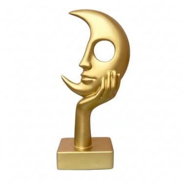 Imagem de Lodkksg Escultura abstrata moderna do rosto da lua, ouro metálico, metal, design de gesto de mão com base estável, 25 cm