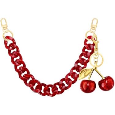 Imagem de TUCEWP Alça de corrente de bolsa vermelha de 43 cm de acrílico grosso, alça de ombro de substituição com chaveiro cereja com glitter, berloques, corrente de decoração de bolsa de mão de luxo