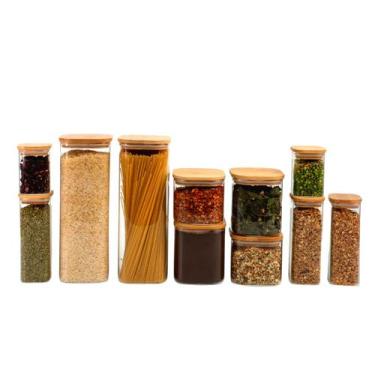 Imagem de Kit de Pote Hermético de Vidro Quadrado com Tampa de Bambu 11 Peças - 