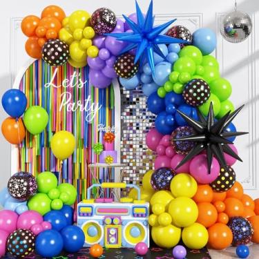 Imagem de Kit de arco de balão neon, tema de arco-íris de discoteca, decorações de festa que brilham no escuro para artigos de aniversário de hip hop/discoteca dos anos 90, anos 80, festa rock roll com balões
