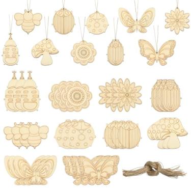 Imagem de LiQunSweet 60 peças 10 estilos tema primavera recorte de madeira inacabado inseto joaninha flor cogumelo borboleta fatia de madeira para impressão DIY desenho arte artesanato