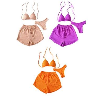 Imagem de Kit 3 Biquíni Com Short Malha Canelada Brilhante Premium - Praia - mod