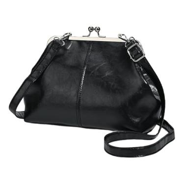 Imagem de CATSEA Bolsa tiracolo Kiss Lock, de couro sintético, bolsa de ombro feminina com fecho de beijo, bolsa moderna para noite, Preto, Medium