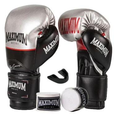 Imagem de Kit Luva Boxe Muay Thai Profissional Prata + Bandagem + Protetor Bucal - Maximum Pro Series-Unissex