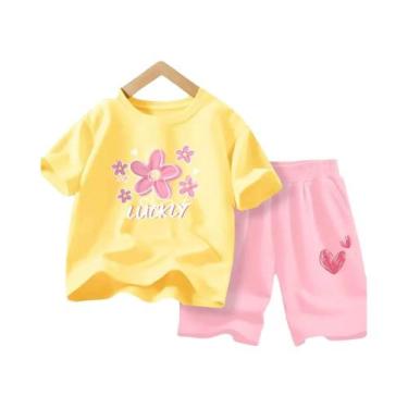Imagem de Conjunto De Roupas De Verão Para Meninas Camiseta Com Flores E Shorts 