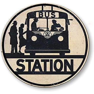 Imagem de Placa redonda de metal para decoração de parede rústica estação de ônibus placa de transporte público para casa, jardim, cozinha, bar, café, restaurante, garagem, retrô, vintage, arte de parede