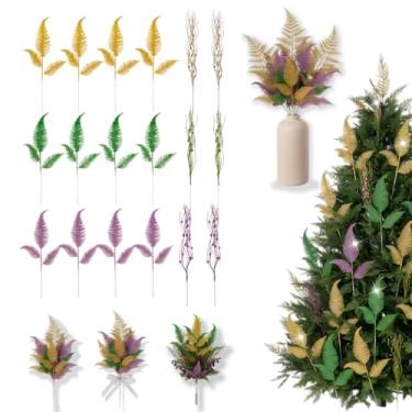 Imagem de 18 peças de decorações de palitos de Natal de carnaval 43 cm, palhetas e sprays florais em ouro verde roxo, ramos de galho artificial com glitter para árvore de Natal, grinalda, peça central