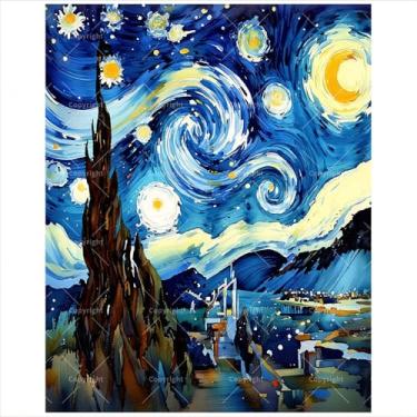Imagem de Kit de pintura noturna estrelada por números para adultos – Pintura de céu noturno inspirada em Van Gogh em tela, 40,6 x 50,8 cm, conjunto de tinta acrílica, adequado para iniciantes, kit de arte