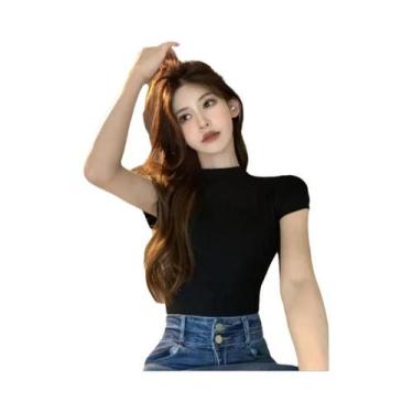 Imagem de Camiseta Cropped Feminina Vintage Coreana De Manga Curta Com Gola Redo