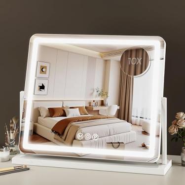 Imagem de Novlux Espelho de maquiagem com luzes, 61 cm x 50 cm Hollywood iluminado espelho de maquiagem para mesa e quarto 3 modos de iluminação colorida controle de toque inteligente rotação de 360° destacável