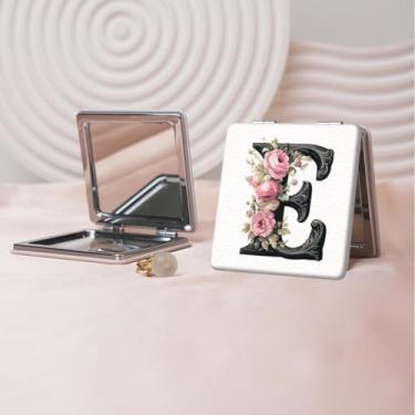 Imagem de Espelho de maquiagem portátil de couro PU retrô europeu com letras florais, mini espelho dobrável de mão dupla face, quadrado para retoque, presente ideal para todas as ocasiões