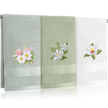 Imagem de Toalhas de mão Tingjoo Magnolia Floral Green 34x74cm Algodão 3 unidade