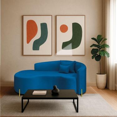 Imagem de Divã Recamier Curvo Sala De Estar Recepção Inglaterra 200cm Pés Metal Dourado Lado Esquerdo Linho Cor Azul Royal