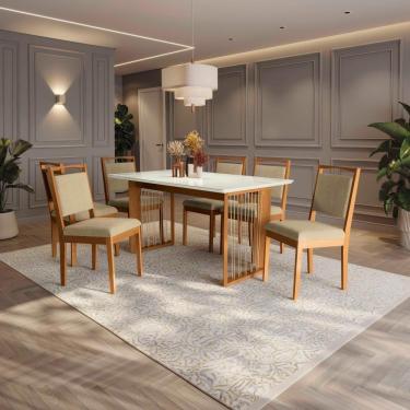 Imagem de Conjunto Sala De Jantar Lina Em Madeira Maciça 6 Cadeiras Boucle Bege
