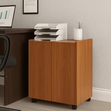 Imagem de Armário Organizador Multiuso com 2 Portas e Rodízios para Escritório, Madeira, 61,5 x 55 x 34,5 cm